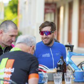 Cycling enjoying coffee at a cafe in Mansfield